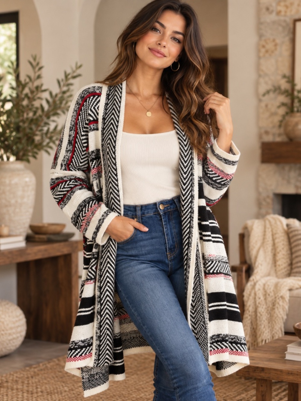 Oceanus Sweater Chevron Black Red White Shawl Collar Open Front Size M/L NWT